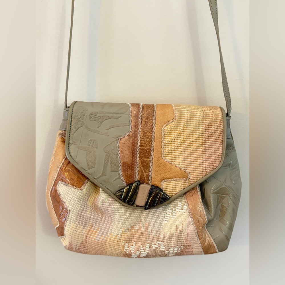 Sharif USA Vintage Egypt Egyptian Motif Leather & Fabric Crossbody Shoulder Bag